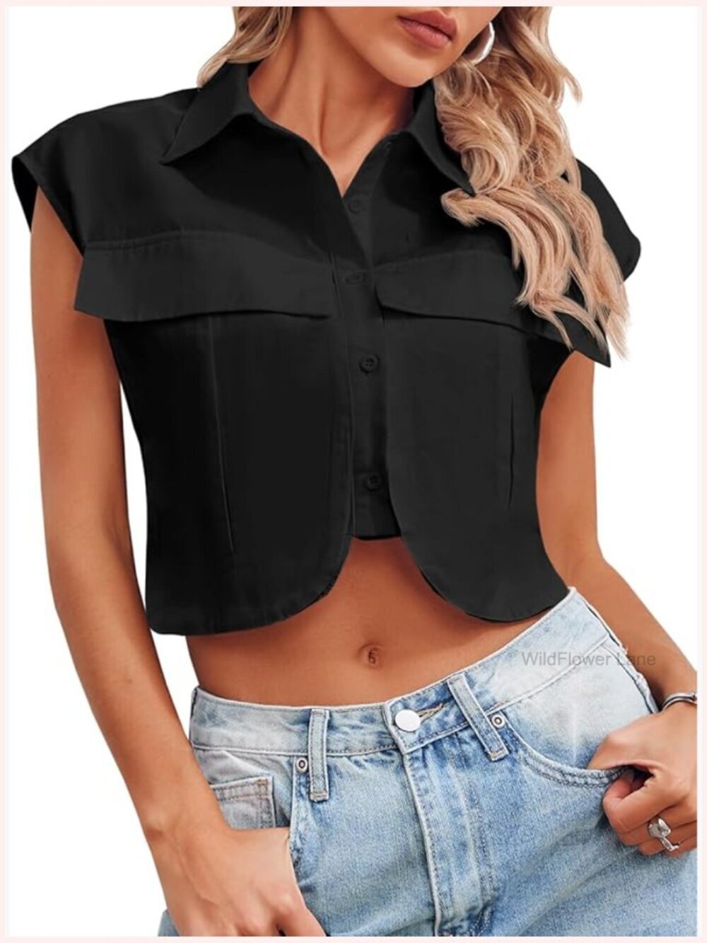Cap Sleeve Crop Top Button Down Blouse Casual Summer Cotton Shirt 100% Cotton